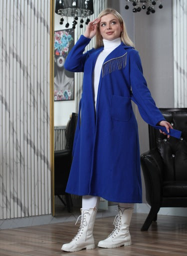 long winter jacket - Knee-Length - Modern Emerald Belted Overcoat with Metallic Fringe