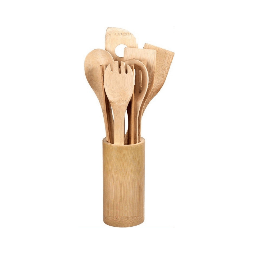 7-Piece Bamboo Kitchen Utensil Set with Holder