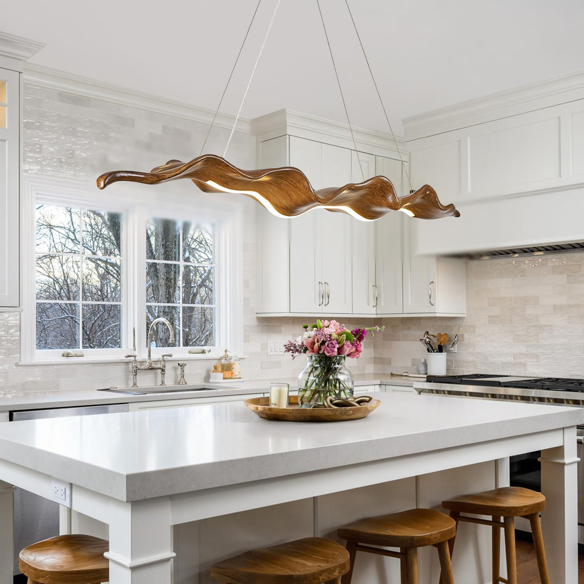Wavora 51-Inch Wavy Wood-Look Linear LED Chandelier