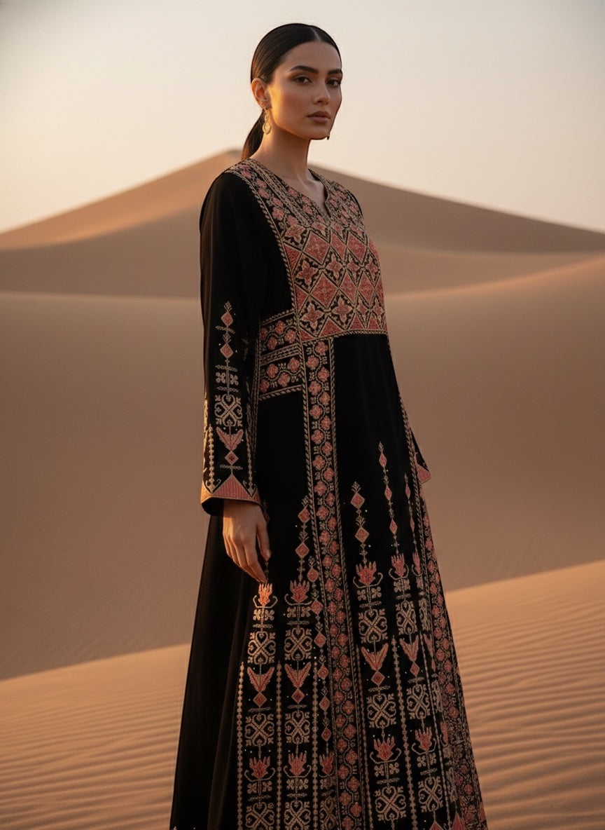 Embroidered Dress Heritage Gown - Thob - embroidery extends seamlessly from the front to the entire back