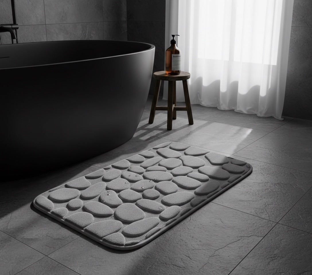 Memory Foam Bath Rug,
1pc Soft and Comfortable, Cobblestone Bathroom Rug, Super Water Absorbent Bath Rug, Machine Washable Bathroom Mat, Non Slip Rug Shower Floor Bathmat-Silver