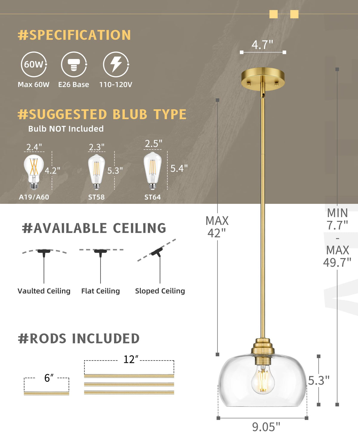 1-Light Modern Brushed Gold Pendant Lights 9in