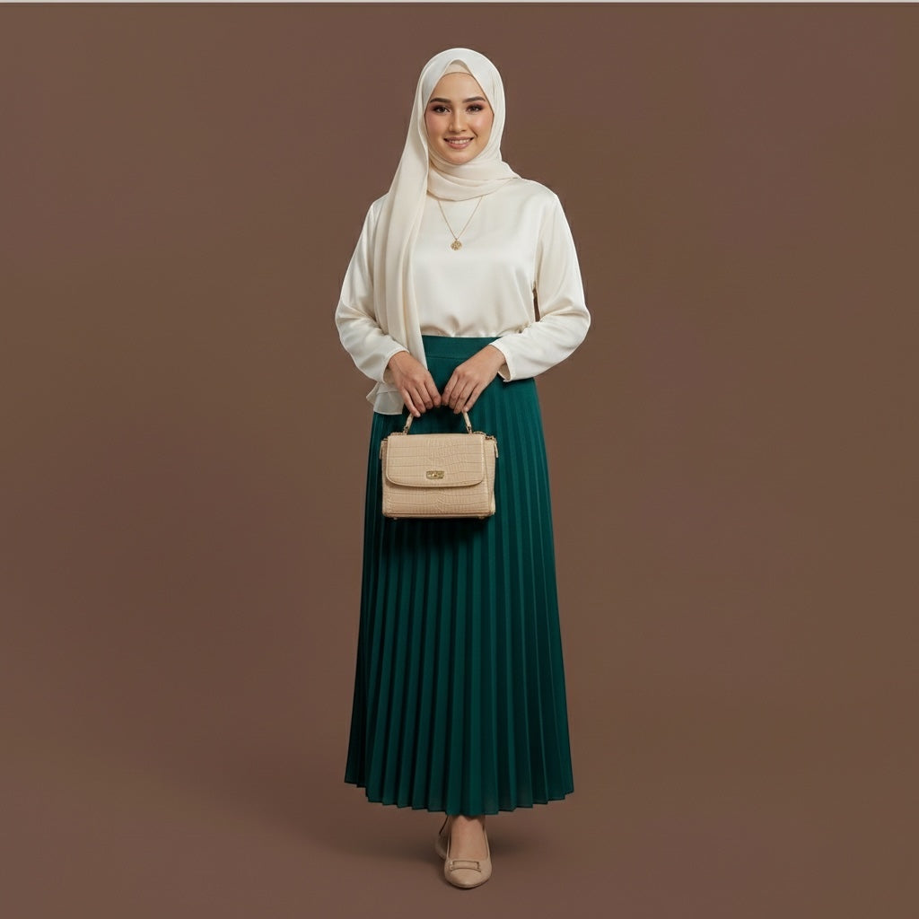 Skirt Maxi - Emerald Green High-Waist Pleated Maxi Skirt