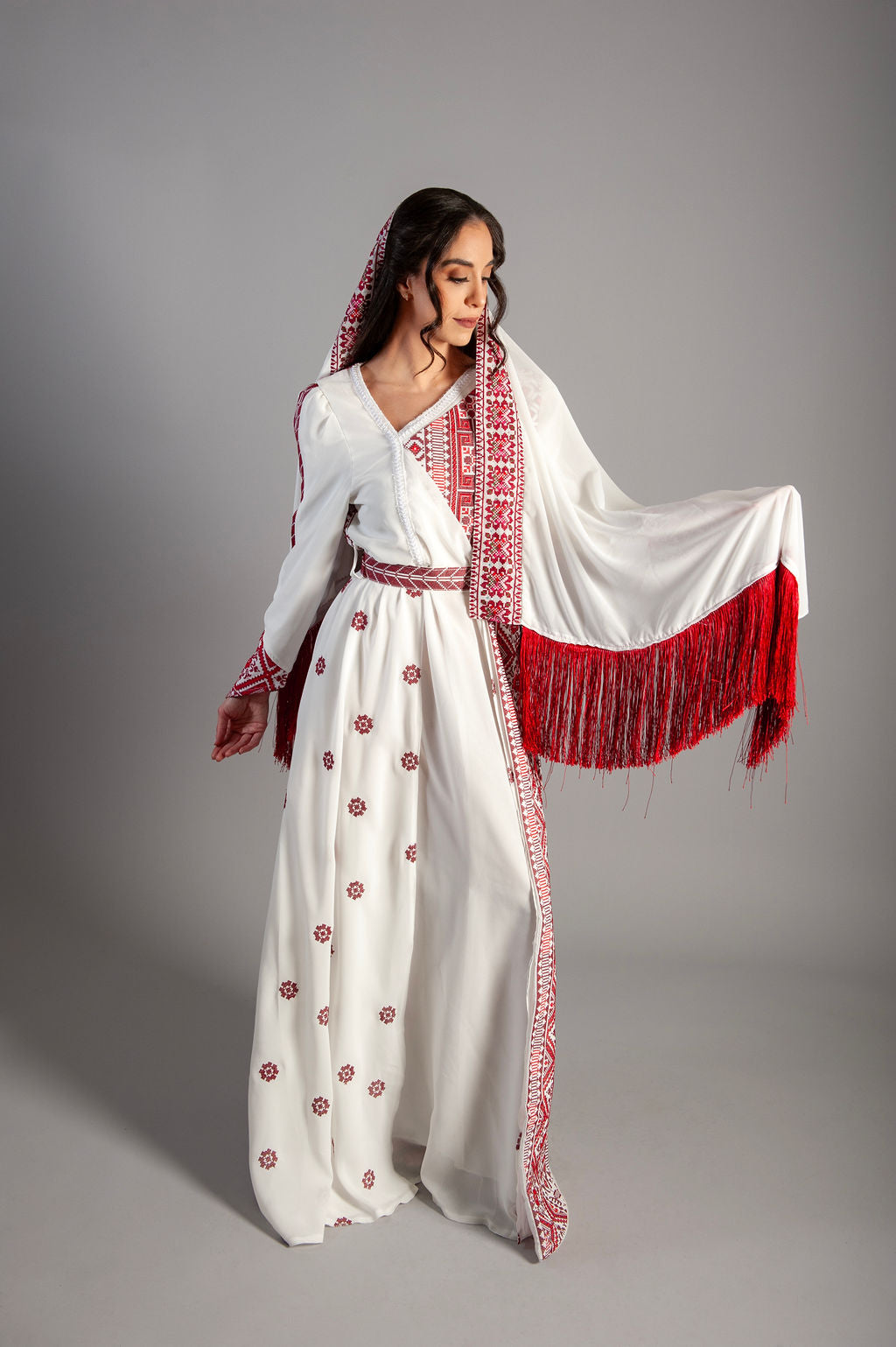 White patterned dress - embroidered - Royal Crimson Heritage Gown
Ethereal Layers & Artisan Embroidery
