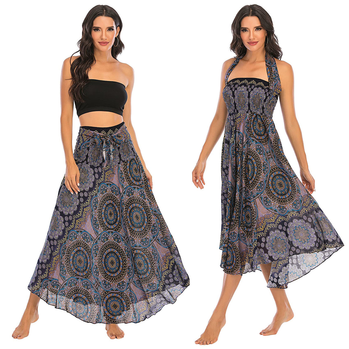 Hippie Maxi Long Skirt Bohemian Summer Casual Beach Dress Fits S M L