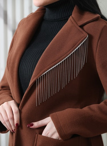 long winter jacket - Knee-Length - Modern Emerald Belted Overcoat with Metallic Fringe