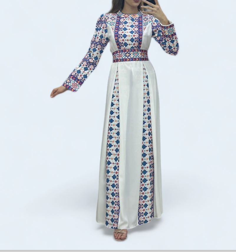 Embroidery White Dress with a mesmerizing blue and purple pattern - Tradition and Contemporary Elegance