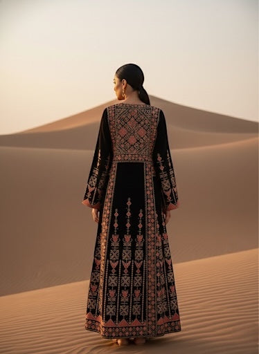 Embroidered Dress Heritage Gown - Thob - embroidery extends seamlessly from the front to the entire back
