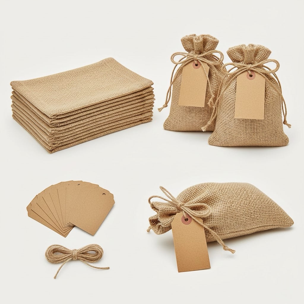 Linen Drawstring Gift Bags with Tags 10-Pack