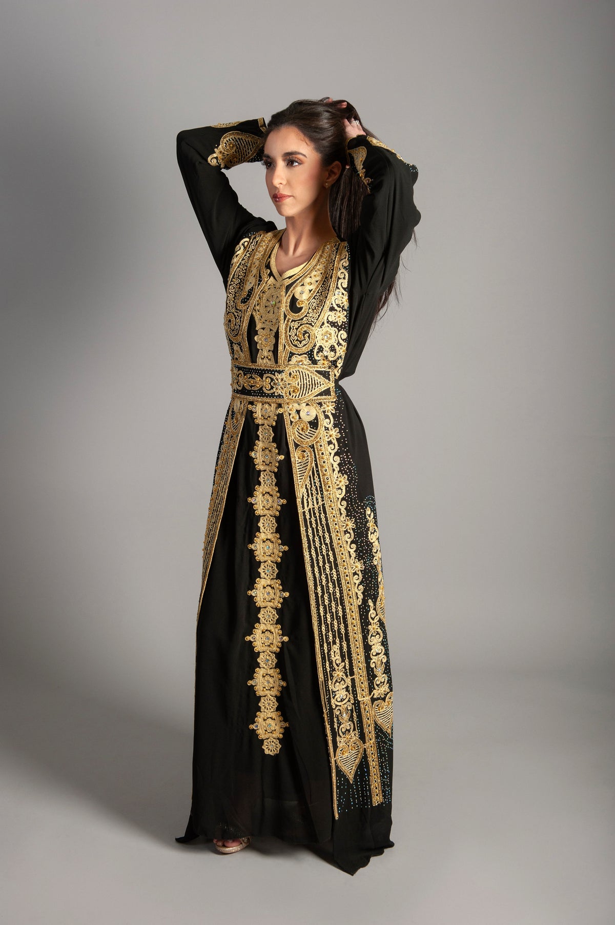 Women Kaftan Long embroidery Maxi Dress - black-Long Sleeves, Bridal, Evening, Party