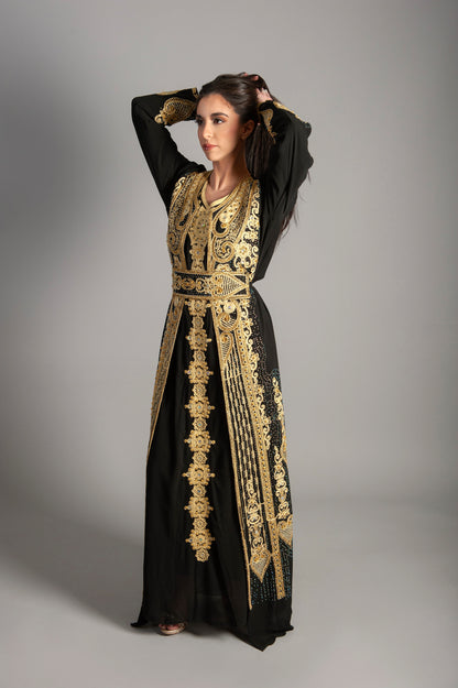 Women Kaftan Long embroidery Maxi Dress - black-Long Sleeves, Bridal, Evening, Party