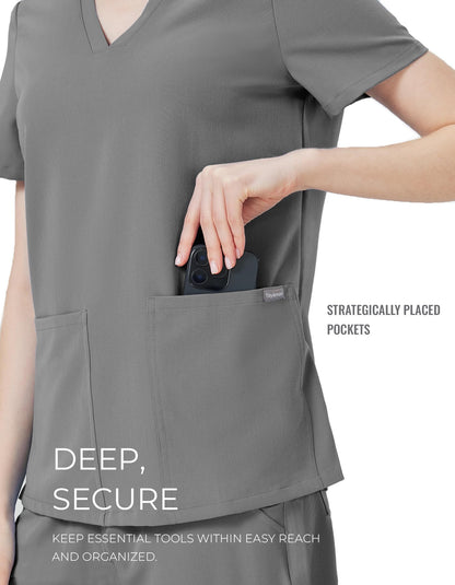 Women's V-Neck Slim Fit Scrub Top with 3 Pockets