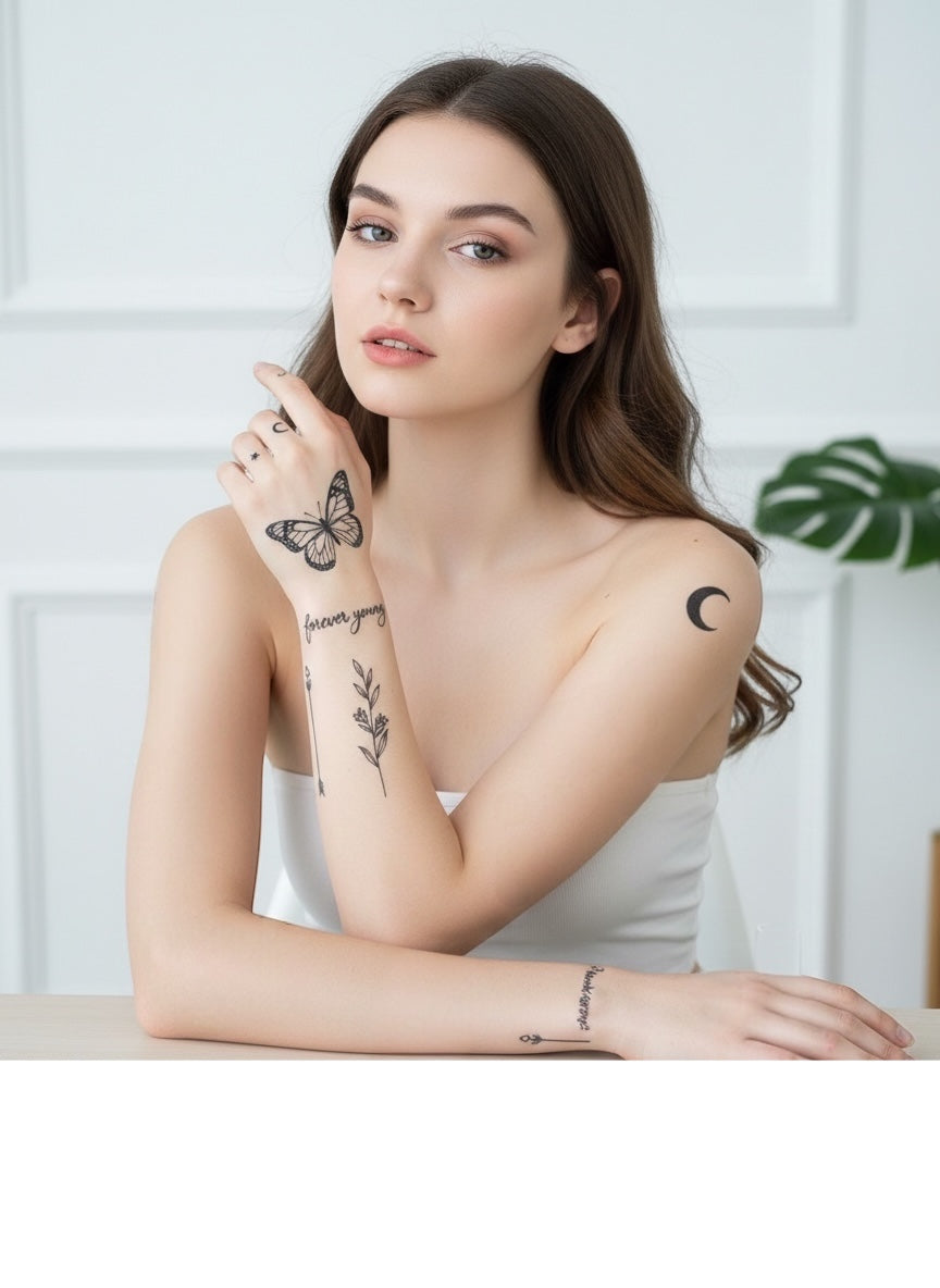 30 sheets - Waterproof Temporary Body Tattoos - Black Aesthetic Series - Decorative Tattoos - Small Designs Suitable For Fingers And The Neck