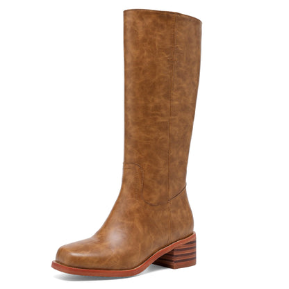 Knee High Boots Square Toe Chunky Block Heel Long
