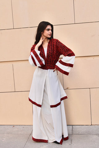 Embroidered and pleated dress with embroidered center and sleeves - white