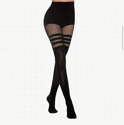 Sheer Stockings-Sheer Fishnet Stockings with Thigh & Calf Mesh Panels