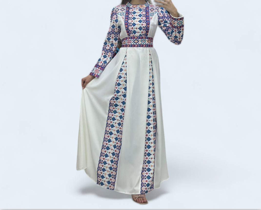 Embroidery White Dress with a mesmerizing blue and purple pattern - Tradition and Contemporary Elegance