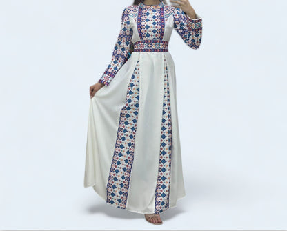 Embroidery White Dress with a mesmerizing blue and purple pattern - Tradition and Contemporary Elegance