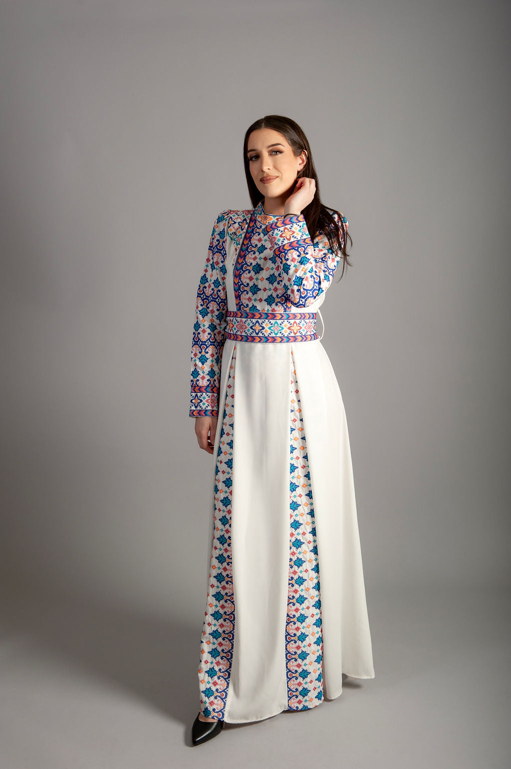 Embroidery White Dress with a mesmerizing blue and purple pattern - Tradition and Contemporary Elegance