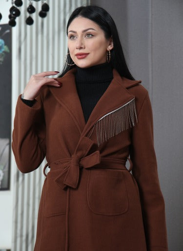 long winter jacket - Knee-Length - Modern Emerald Belted Overcoat with Metallic Fringe