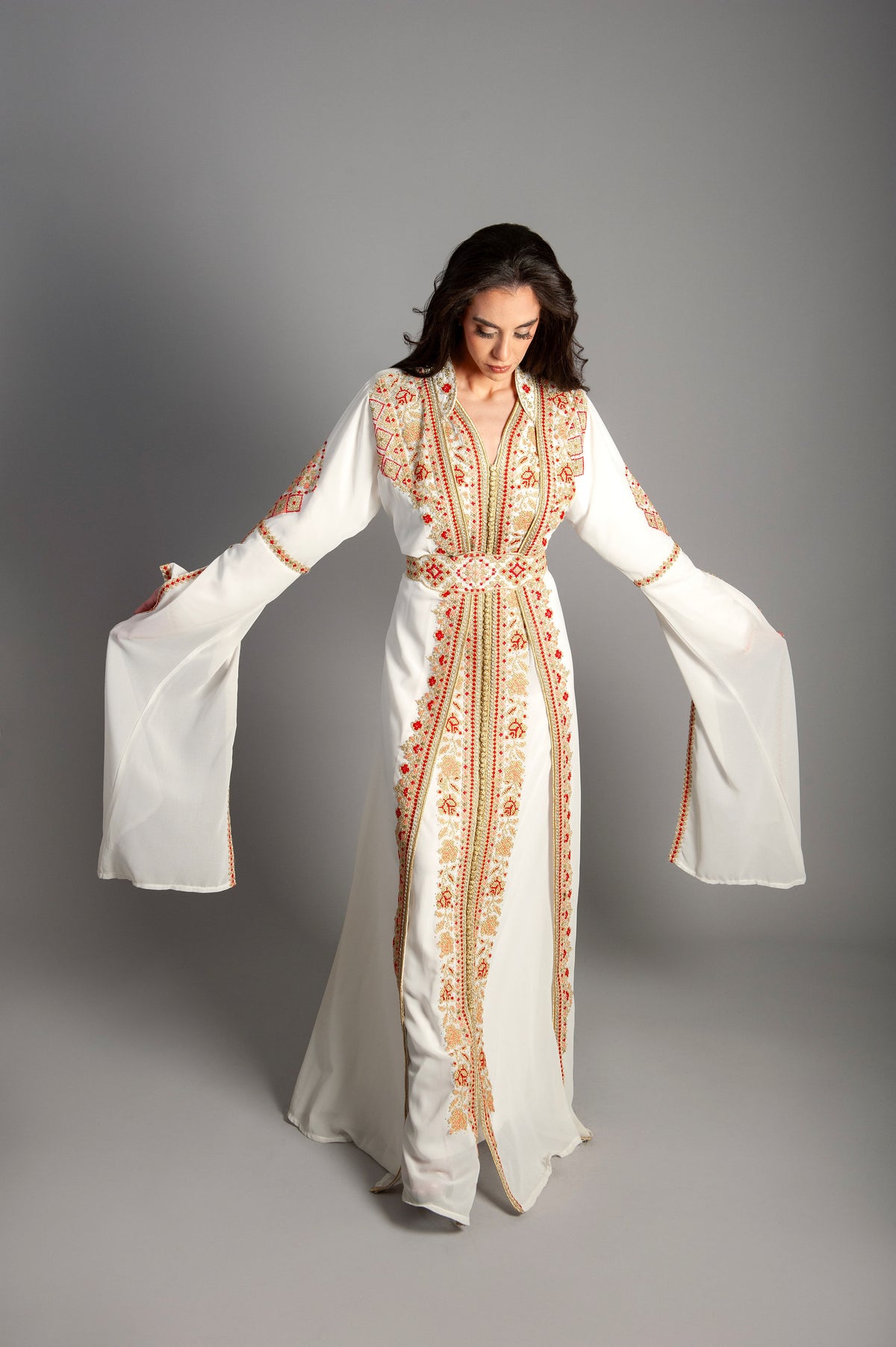 Dress Embroidery With Elegant - Long Maxi Dress Long Sleeves, Bridal, Evening, Party-Imperial Golden Kaftan Set Luxurious Two-Piece Ensemble of Royal Elegance