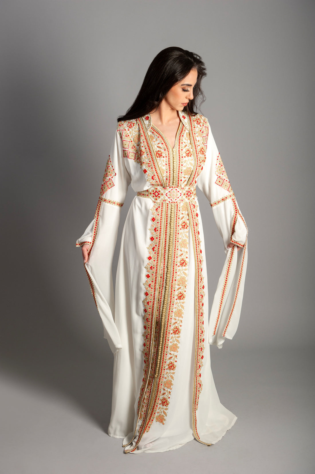 Dress Embroidery With Elegant - Long Maxi Dress Long Sleeves, Bridal, Evening, Party-Imperial Golden Kaftan Set Luxurious Two-Piece Ensemble of Royal Elegance