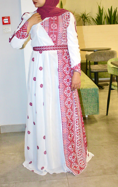 White patterned dress - embroidered - Royal Crimson Heritage Gown
Ethereal Layers & Artisan Embroidery