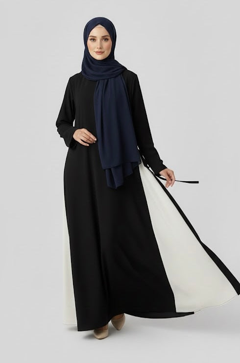 Kaftan-Elegant Two-Tone Modest Abaya with Side Tie - Black &amp; Cream
