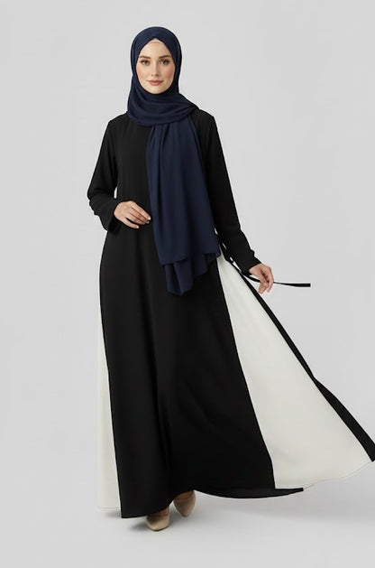 Kaftan Two-Tone Black Cream Side-Tie Modest Abaya