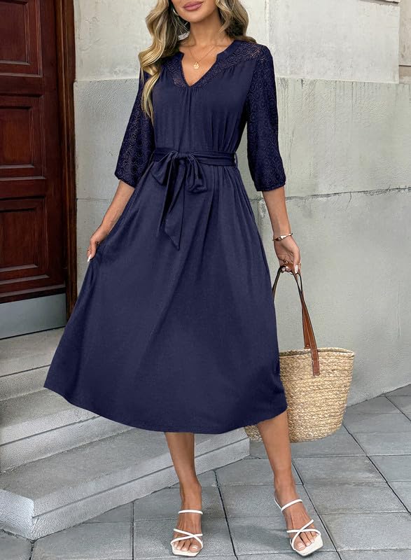 Dresses Lace V-Neck Half Sleeve Belted Empire Waist