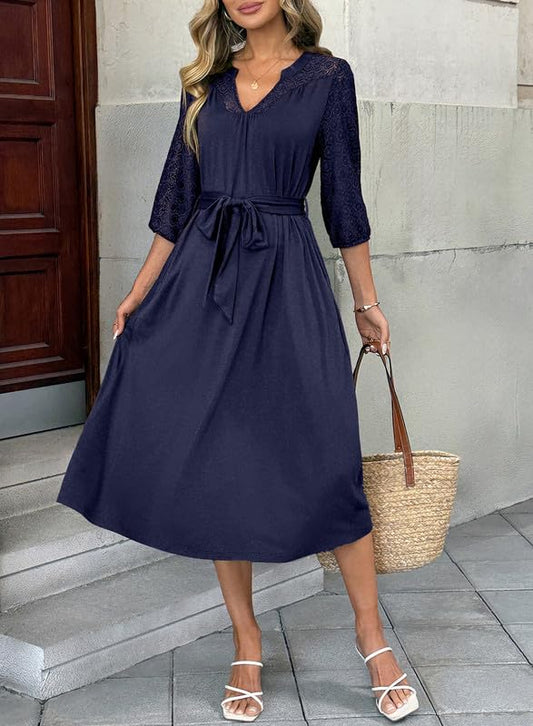 Dresses Lace V-Neck Half Sleeve Belted Empire Waist