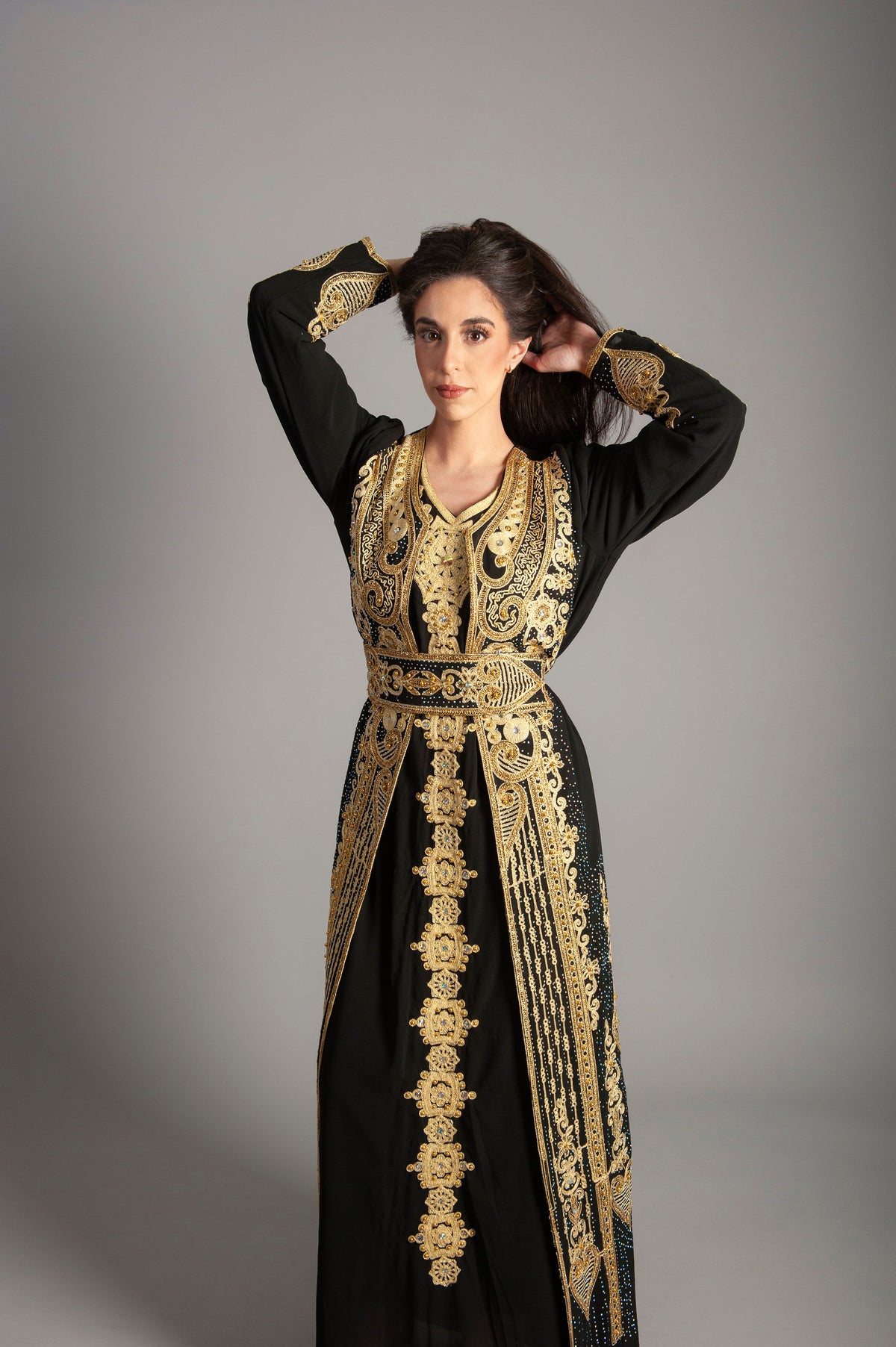Women Kaftan Long embroidery Maxi Dress - black-Long Sleeves, Bridal, Evening, Party