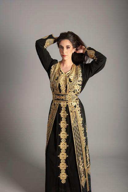 Women Kaftan Long embroidery Maxi Dress - black-Long Sleeves, Bridal, Evening, Party