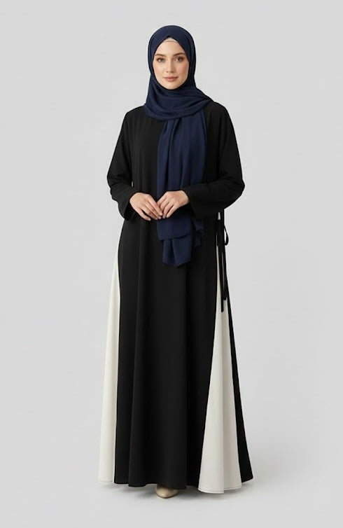 Kaftan-Elegant Two-Tone Modest Abaya with Side Tie - Black &amp; Cream