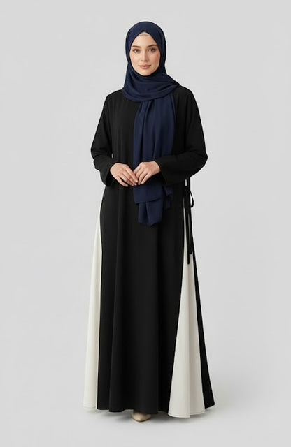 Kaftan Two-Tone Black Cream Side-Tie Modest Abaya