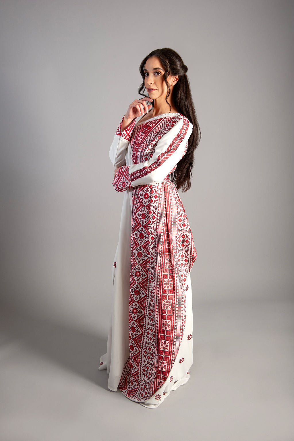 White patterned dress - embroidered - Royal Crimson Heritage Gown
Ethereal Layers & Artisan Embroidery