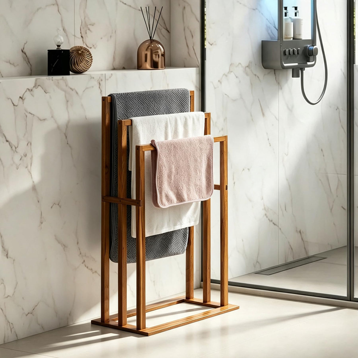 Freestanding Brown Wood 3-Bar Floor Towel Rack