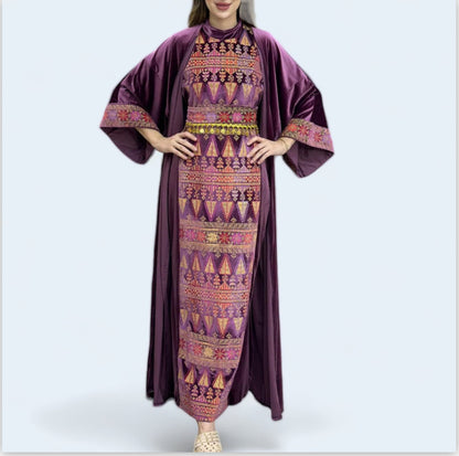 Two-Piece Embroidered Velvet Dress With A Waist Belt For Added Elegance - Stun In Our Soft And Charming Embroidered