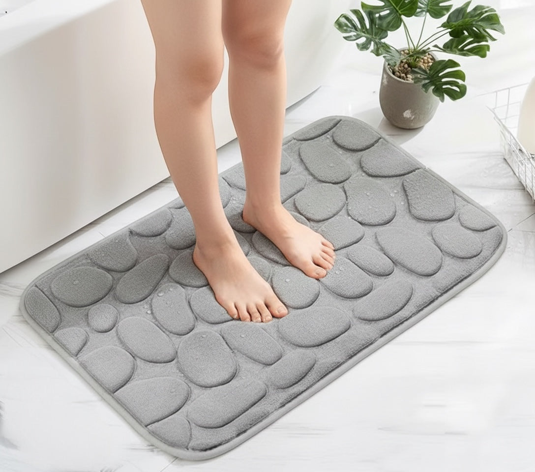 Memory Foam Bath Rug, 
1pc Soft and Comfortable,  Cobblestone Bathroom Rug, Super Water Absorbent Bath Rug, Machine Washable Bathroom Mat, Non Slip Rug Shower Floor Bathmat-Silver
