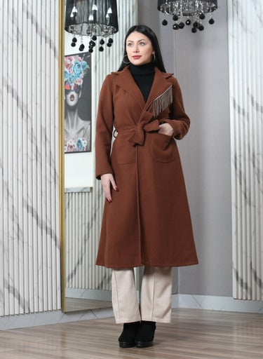 long winter jacket - Knee-Length - Modern Emerald Belted Overcoat with Metallic Fringe