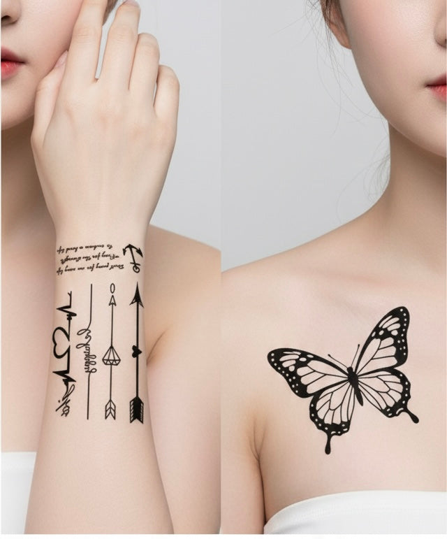 30 sheets - Waterproof Temporary Body Tattoos - Black Aesthetic Series - Decorative Tattoos - Small Designs Suitable For Fingers And The Neck