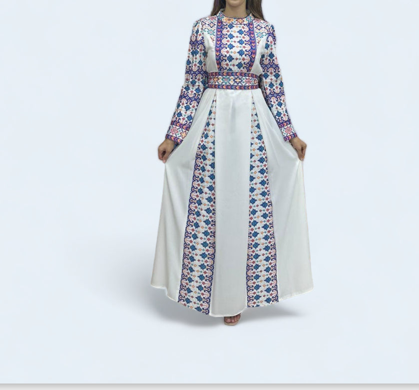 Embroidery White Dress with a mesmerizing blue and purple pattern - Tradition and Contemporary Elegance