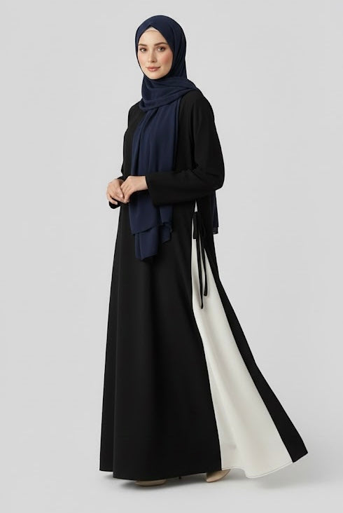 Kaftan-Elegant Two-Tone Modest Abaya with Side Tie - Black &amp; Cream