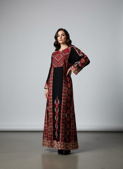 Roza Black Heritage Embroidered Crepe Maxi Dress