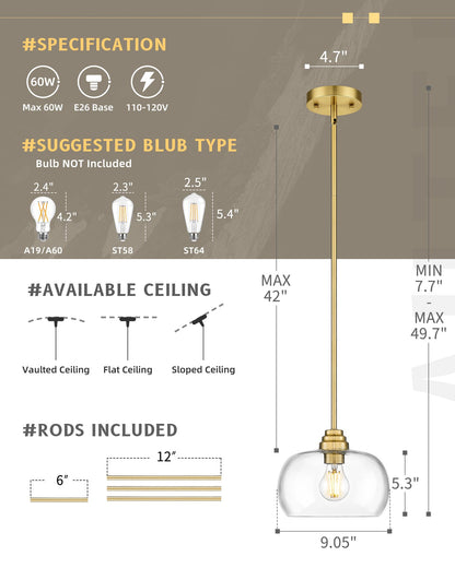 1-Light Modern Brushed Gold Pendant Lights 9in