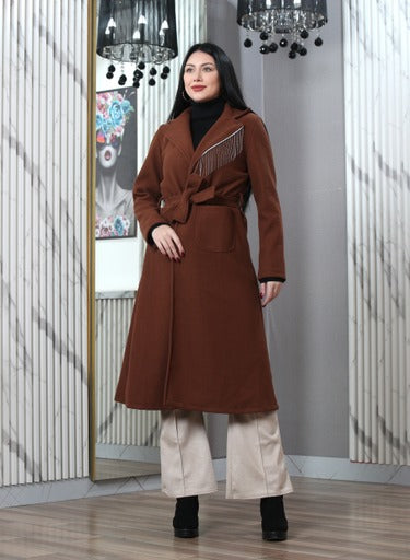 long winter jacket - Knee-Length - Modern Emerald Belted Overcoat with Metallic Fringe
