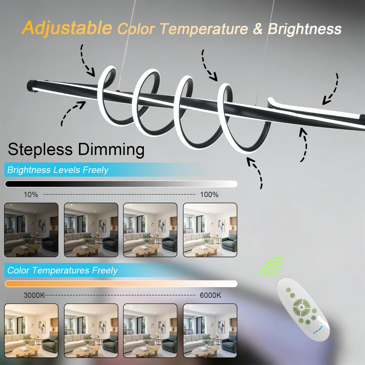 Modern Black Dimmable Spiral LED Chandelier Light