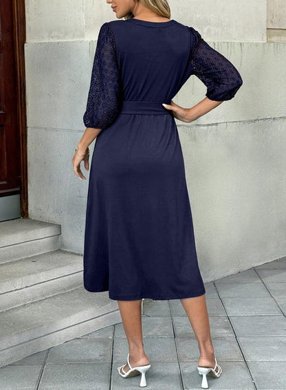 Dresses Lace V-Neck Half Sleeve Belted Empire Waist