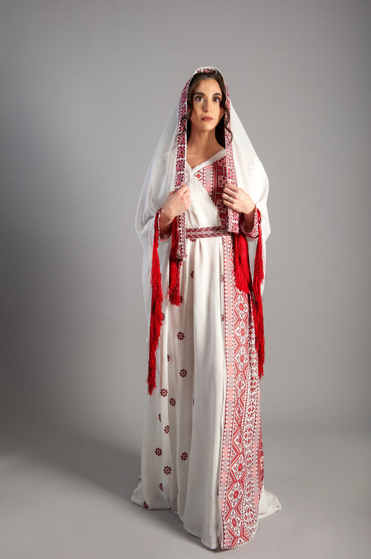 White patterned dress - embroidered - Royal Crimson Heritage Gown
Ethereal Layers & Artisan Embroidery