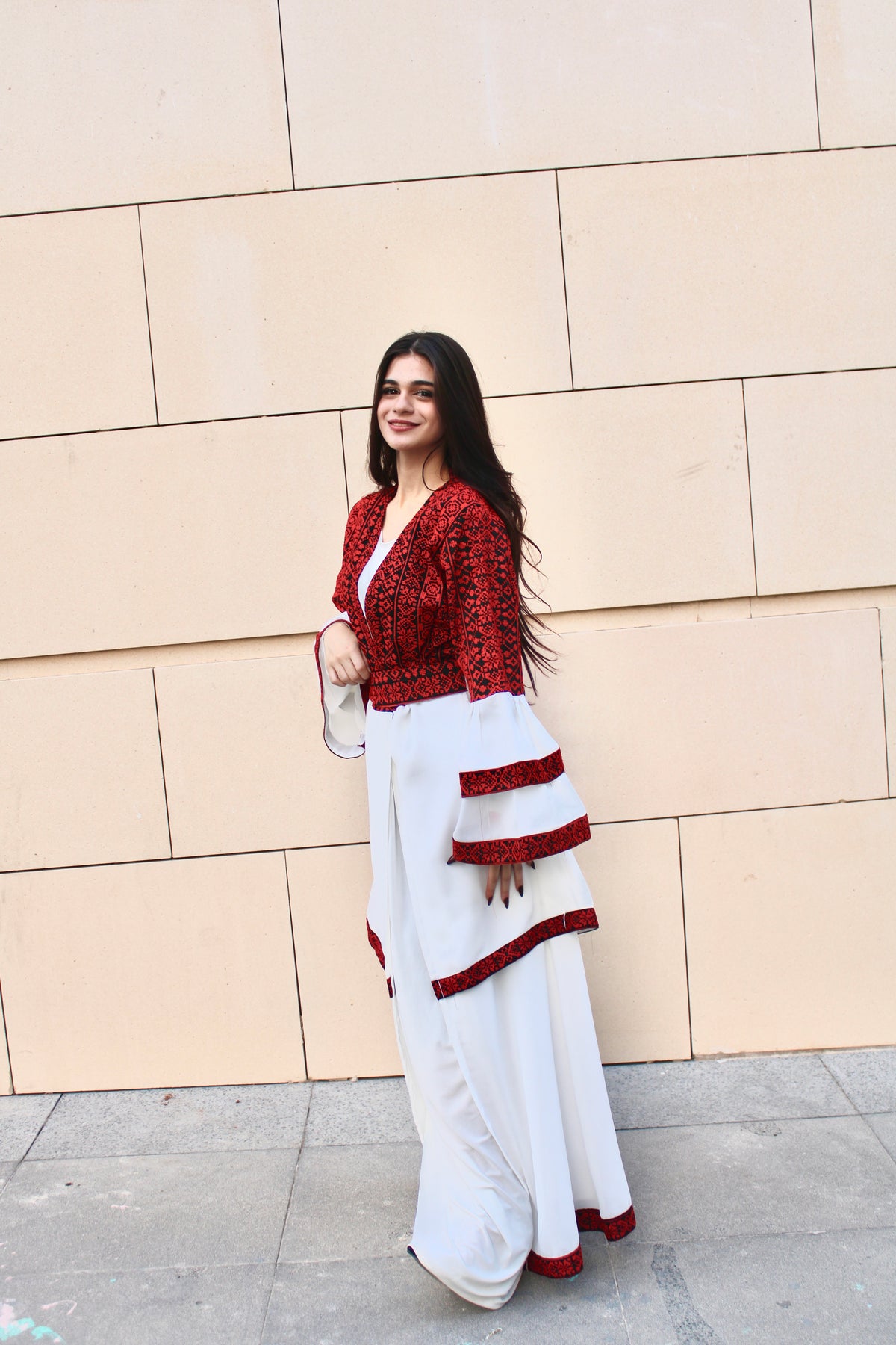 Embroidered and pleated dress with embroidered center and sleeves - white